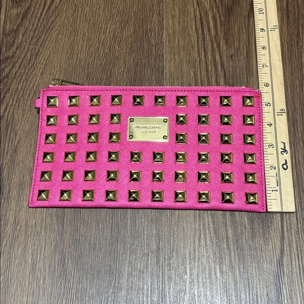 Michael Kors Fuchsia Studded Wristlet Clutch Gold Studs Pink Leather